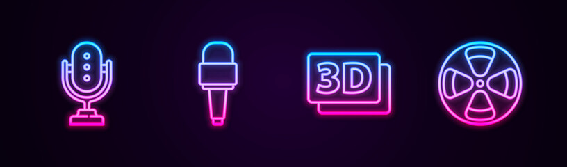 Set line Microphone, , 3D word and Film reel. Glowing neon icon. Vector.