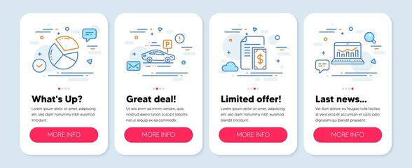 Set of Business icons, such as Pie chart, Car parking, Payment symbols. Mobile app mockup banners. Web analytics line icons. Presentation graph, Transport place, Cash money. Statistics. Vector