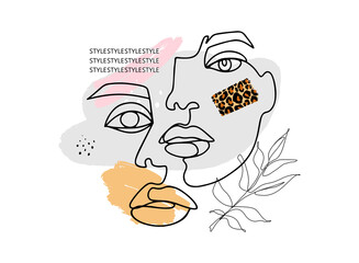 Art contemporary poster with abstract female face, one line drawing branch with leaves, paint texture and leopard print. Fashion poster. Modern graphic design.