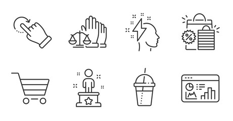 Fototapeta premium Court jury, Seo statistics and Success line icons set. Coffee cocktail, Market sale and Brainstorming signs. Rotation gesture, Shopping bags symbols. Quality line icons. Court jury badge. Vector
