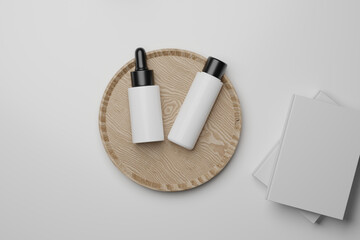 3d rendering bottle cosmetic mockups . Mock up scene with podium for product display.
