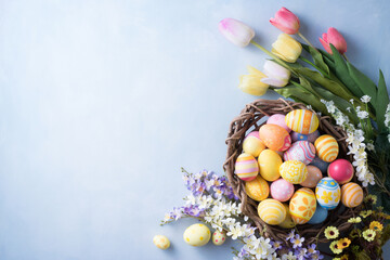 Happy Easter day colorful eggs in nest and flower decoration on paper background with copy space.