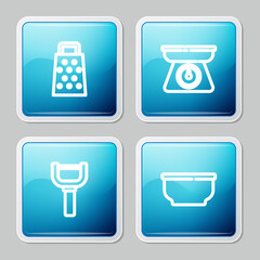 Set line Grater, Scales, Peeler and Bowl icon. Vector.
