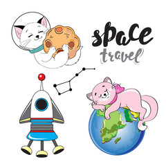 Collection of cats astronauts and rocket on white background isolated. Vector cartoon illustration