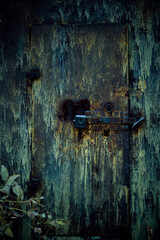 Strange scary dark rusty iron closed mystical mysterious old basement door with deadbolt lock, horror background with grunge metal texture with black shadows and glow