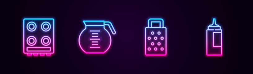 Set line Gas stove, Coffee pot, Grater and Sauce bottle. Glowing neon icon. Vector.