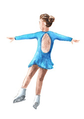Figure skating, children sports, Little girl dancing on the ice. Hand drawn watercolor illustration isolated  on white background