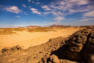 Fototapeta na wymiar Beautiful landscape of sand dunes in Egypt. Sahara Desert. Background of orange sand wave. Africa desert