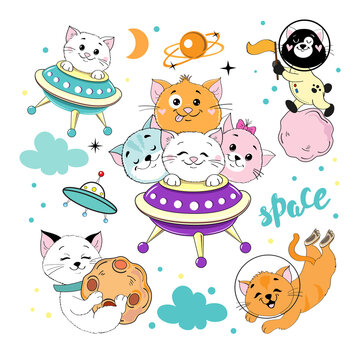 Space cats collection. Vector illustration of cartoon animals isolated for children