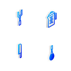Set Isometric line Teapot, Barbecue fork, Knife and Kitchen whisk icon. Vector.