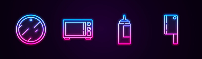 Set line Cutting board, Microwave oven, Sauce bottle and Meat chopper. Glowing neon icon. Vector.