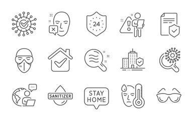 Face declined, Eyeglasses and Insurance policy line icons set. Skin condition, Fever and Hand sanitizer signs. Medical mask, Apartment insurance and 24 hours symbols. Line icons set. Vector