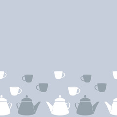 Vector Tea Set Border in Dusty Blue Colors seamless pattern background. Perfect for fabric, wallpaper and scrapbooking projects.