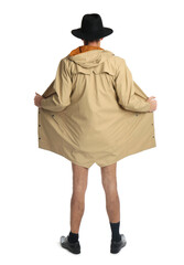 Exhibitionist exposing naked body under coat isolated on white, back view