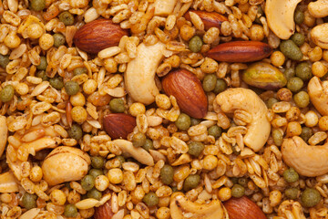 Shahi Mixture full-frame wallpaper, made with almonds, cashew, corn flakes, peanut.  Indian Spicy snacks (Namkeen). Top view.