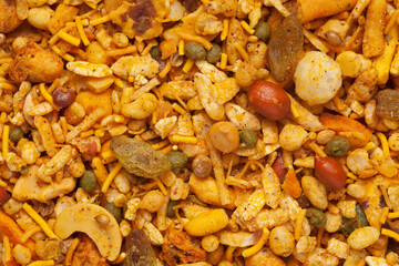 Pile of Indian spicy snacks (mixed Namkeen) full-frame wallpaper, fried peanut, corn flakes, sweet...