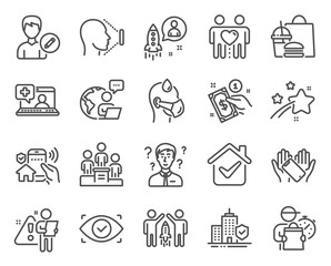 People icons set. Included icon as Medical help, Partnership, Edit person signs. Support consultant, Friends couple, Biometric eye symbols. Startup, Business podium, Smartphone holding. Vector