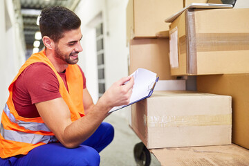Warehouse clerk with checklist checks packages