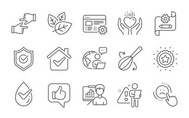 Naklejka premium Cooking whisk, Organic tested and Dermatologically tested line icons set. Web settings, Click hands and Hold heart signs. Presentation board, Approved shield and Winner star symbols. Vector