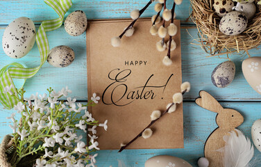 greeting card with colorful easter eggs and spring flowers. mock up frame with copy space