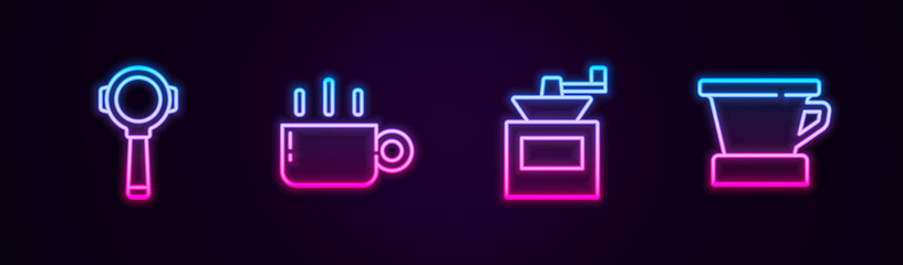 Set line Coffee filter holder, cup, Manual coffee grinder and V60 maker. Glowing neon icon. Vector.