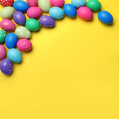 Bright painted eggs on yellow background, flat lay with space for text. Happy Easter