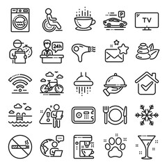 Hotel service line icons. Wi-Fi, Air conditioning and Coffee maker machine. Spa stones, swimming pool and bike rental icons. Hotel parking, safe and shower. Food, coffee cup. Line icon set. Vector