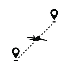 Vector flight path of an aircraft from one point to another airport. Dotted line with aircraft silhouette and direction of travel on white background. color editable eps 10