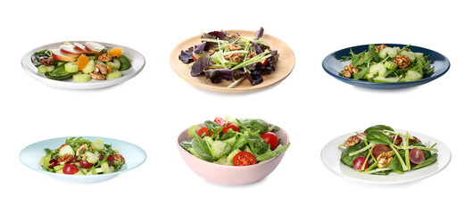 Set with different delicious celery salads on white background, banner design