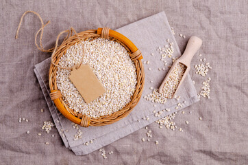 Dry pearl barley in a wicker basket