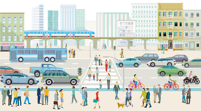 City silhouette with people on the sidewalk and road traffic, illustration