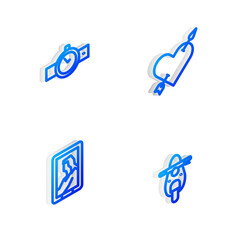 Set Isometric line Amour with heart and arrow, Wrist watch, Portrait in museum and Scooter icon. Vector.