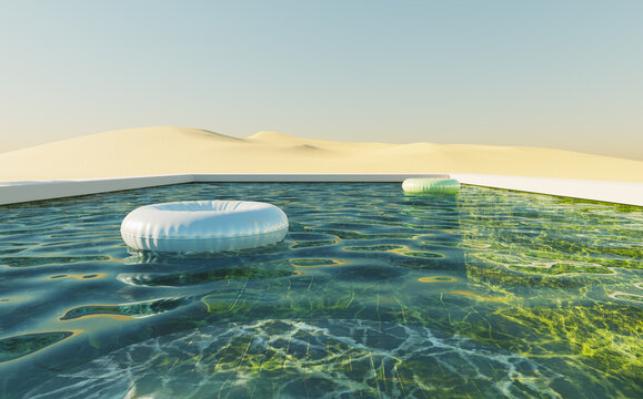 green background pool in a dune desert with clear sky and floats in the water