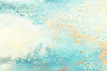 Abwaschbare Fototapete Pool Kunstfotografie von abstrakter flüssiger Kunstmalerei mit Alkoholtinte, Blau, Türkis und Goldfarben