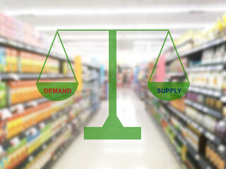 demand and supply with blur image of super market , Supply chain management concept