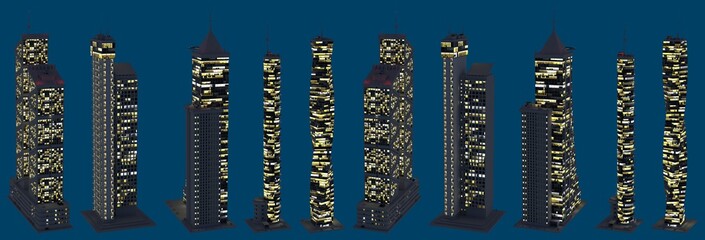 modern fictional skyscrapers at night with lights turned on, isolated top view megapolis nightlife concept - 3d illustration of skyscrapers