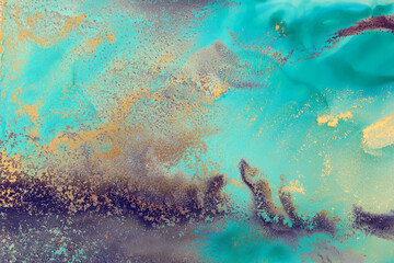 Fototapeta na wymiar art photography of abstract fluid art painting with alcohol ink, blue, turquoise and gold colors