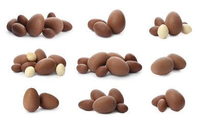 Set with sweet chocolate Easter eggs on white background