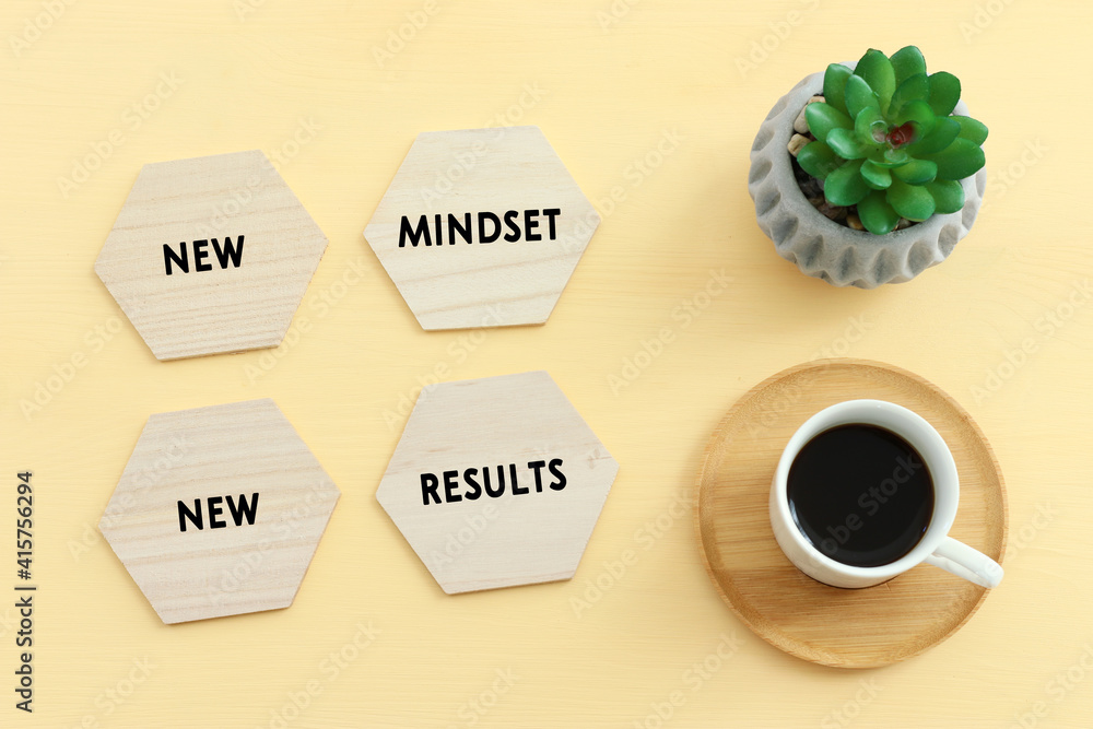 Poster concept image with new mindset new results text. top view of office table