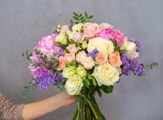 Close up view of a beautiful bouquet of mixed coloful flowers