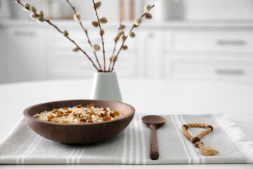 Great Lent dinner served on white table in kitchen