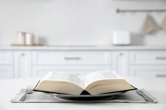 Table setting with Holy Bible on white background. Great Lent season