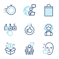 Business icons set. Included icon as Friendship, Correct checkbox, Shopping bag signs. Like hand, Healthy face, Fast recovery symbols. Post package, Support line icons. Trust friends, Answer. Vector