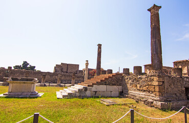 Temple of Apollo in Pompeii. Ruins of Ancient Roman city in Pompei, Campania, Italy buried under ashes after eruption of Vesuvius.