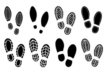 A set of footprints and sole prints. Black badges. Foot of a human foot in boots, shoes, boots. Steps from the protectors. Vector illustration.
