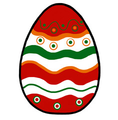 Easter eggs  and celebratory food, painted eggs. Beautiful bright red and orange, green drawings. Graphic drawing, stripes and waves, circles.