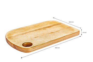 Old stained clean empty rectangular wooden cutting board isolated on white in an oblique low angle view for food placement