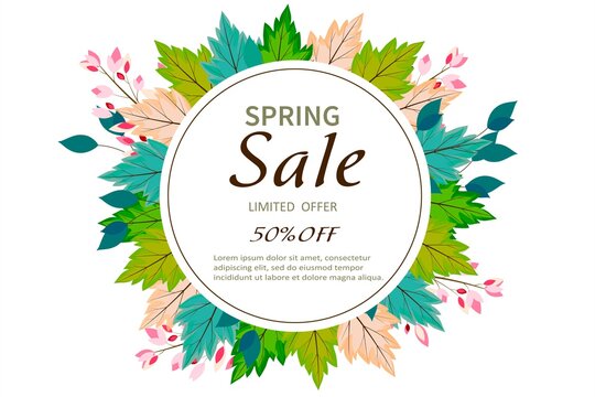 Spring sale up to 50%, limited offer. Banner for spring big discounts. Bright leaves, twigs are collected in a circle in a collage. Vector illustration.
