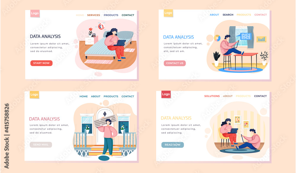 Poster data analysis landing page template set with business researcher people with laptop in home office. 
