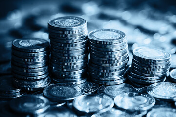 Stacked coins background. Money saving texture. Pile of cash profit pattern. Growing earnings design. Polish zloty currency.